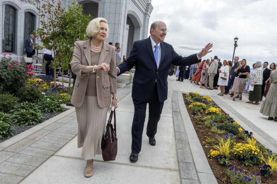 Elder Quentin L. Cook of the Quorum of the Twelve Apostles and his wife, Sister Mary Cook, greet members outside the Moses Lake Washington Temple following the second temple dedication ceremony in Moses Lake, Wa., Sunday, September 17, 2023. | Brian Nicholson, Brian Nicholson, for the Deseret News