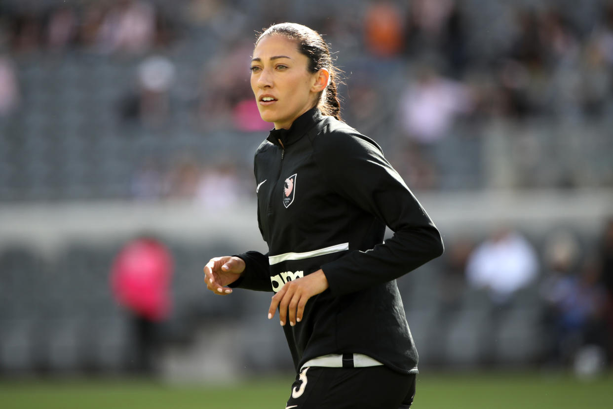 LOS ANGELES, CALIFORNIA - MAY 08: Christen Press #23 of Angel City FC warms up prior to the match against the the Orlando Pride at Banc of California Stadium on May 08, 2022 in Los Angeles, California. (Photo by Katelyn Mulcahy/Getty Images)