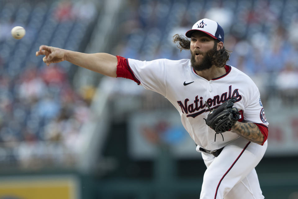 Washington Nationals starting pitcher Trevor Williams throws during the first inning of the team's baseball game against the San Diego Padres in Washington, Wednesday, May 24, 2023. (AP Photo/Manuel Balce Ceneta)