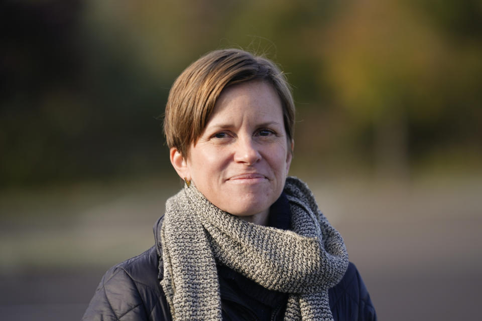 Liz Sheehan, president of the New Hope-Solebury School Board, poses for a photograph in New Hope, Pa., Thursday, Nov. 4, 2021. With Democrats still reeling from their worst off-year election since perhaps 2009, the political focus immediately shifts to a much more consequential midterm election season next year, when control of Congress and dozens more governorships will be decided. (AP Photo/Matt Rourke)