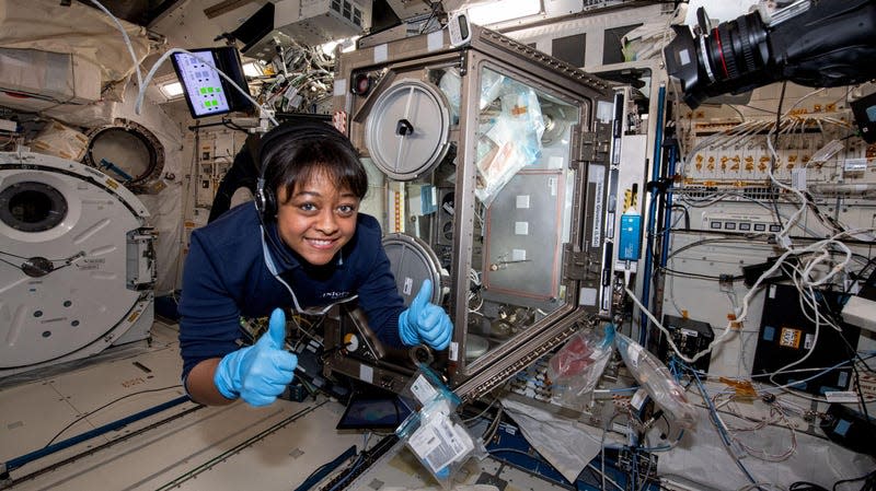 Ax-2 Mission Specialist Rayyanah Barnawi on board the ISS.