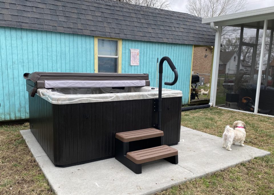 Reddit webpage screenshot showing a hot tub on a patio with steps and a sink. A small dog sits nearby