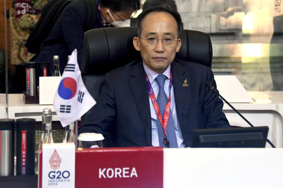 South Korean Deputy Prime Minister and Finance Minister Choo Kyung-ho attends the G20 Finance Ministers and Central Bank Governors Meeting in Nusa Dua, Bali, Indonesia, Friday, July 15, 2022. Top financial officials from the Group of 20 leading rich and developing nations are gathering on the Indonesian island of Bali for meetings that begin Friday. (Sonny Tumbelaka/Pool photo via AP)