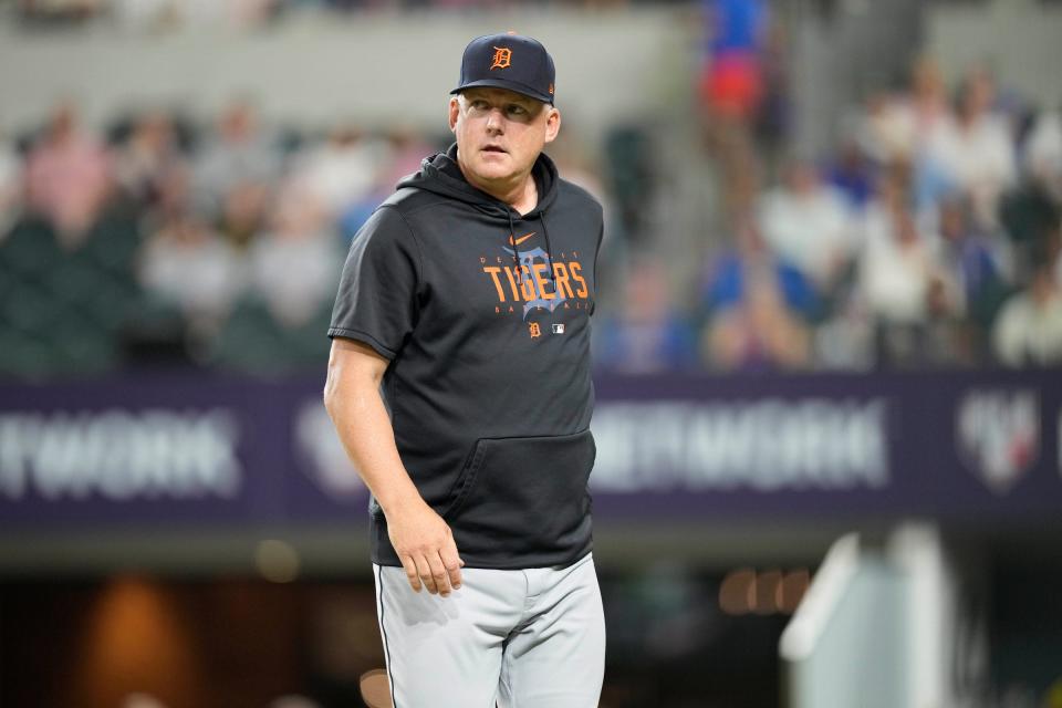 Tigers manager A.J. Hinch walks to the dugout after a pitching change during the sixth inning of the Tigers' 8-3 loss to the Rangers on Tuesday, June 27, 2023, in Arlington, Texas.
