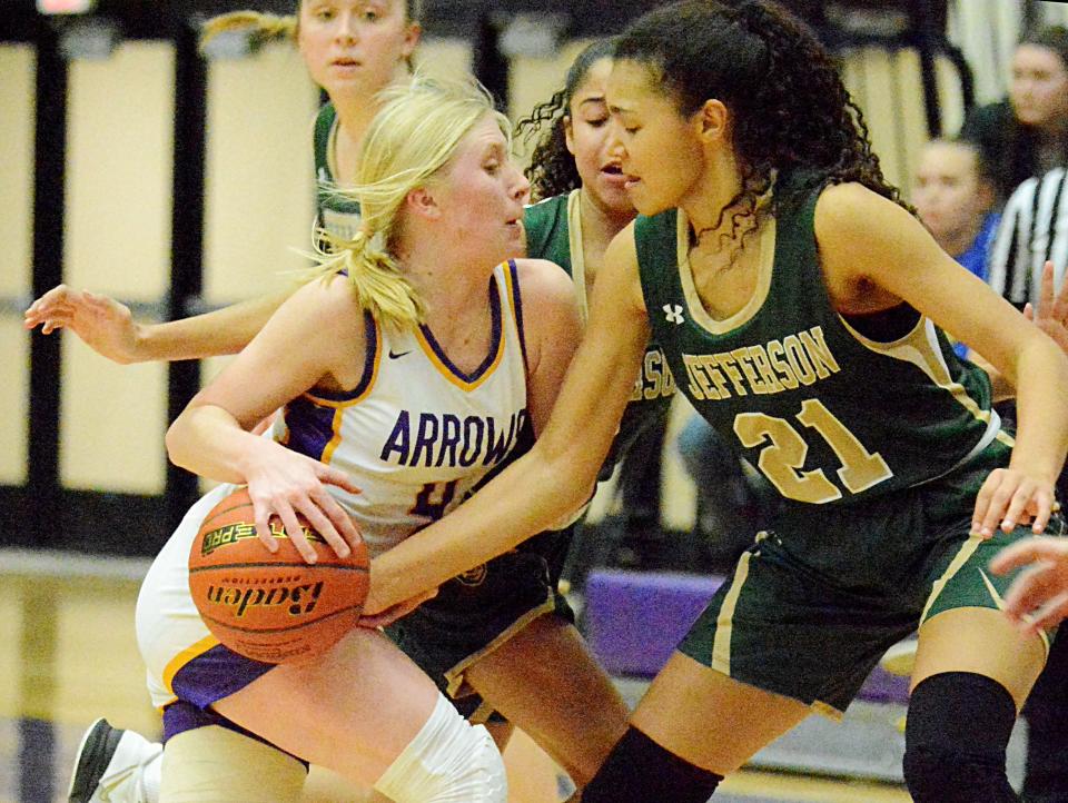 Sioux Falls Jefferson's Jaidyn Dunn strips the ball away from Watertown's Maddy Rohde during their high school girls basketball game on Tuesday, Feb. 7, 2023 in the Watertown Civic Arena. No. 1 Jefferson won 49-40 in overtime.