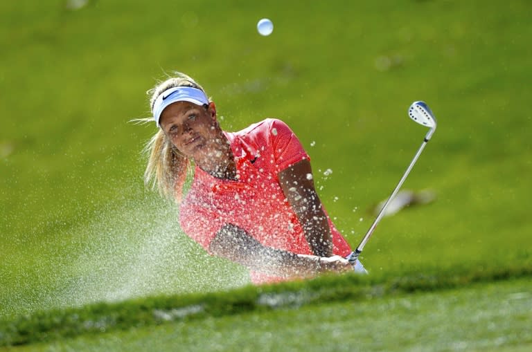 Suzann Pettersen of Norway makes a shot out of a bunker on the eight hole during the third round of the ANA Inspiration, on the Dinah Shore Tournament Course at Mission Hills Country Club in Rancho Mirage, California, on April 1, 2017