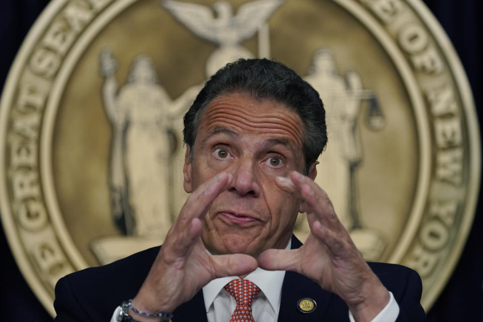 Gov. Andrew Cuomo holds a news conference in New York on Monday, May, 3, 2021, to announce that capacity restrictions for most types of businesses will end statewide beginning May 19. (Timothy A. Clary/Pool via AP)