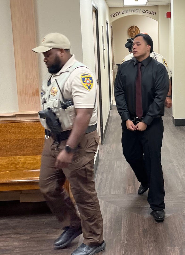 Jasinto Jimenez is led away in cuffs to begin serving a 45-year prison sentence for Wichita County's first fentanyl-related murder conviction.