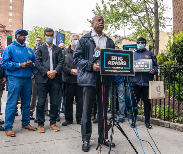 Eric Adams joins members of the Transport Workers Union to call for better policing on the subways. Adams's focus on crime and his support from organized labor were pillars of his bid. (Photo: Lev Radin/Pacific Press/Getty Images)