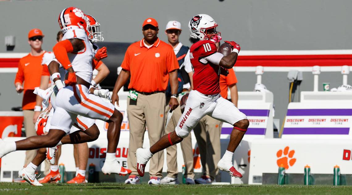 N.C. State wide receiver KC Concepcion (10) runs for 50-yards during the first half of N.C. State’s game against Clemson at Carter-Finley Stadium in Raleigh, N.C., Saturday, Oct. 28, 2023. Ethan Hyman/ehyman@newsobserver.com