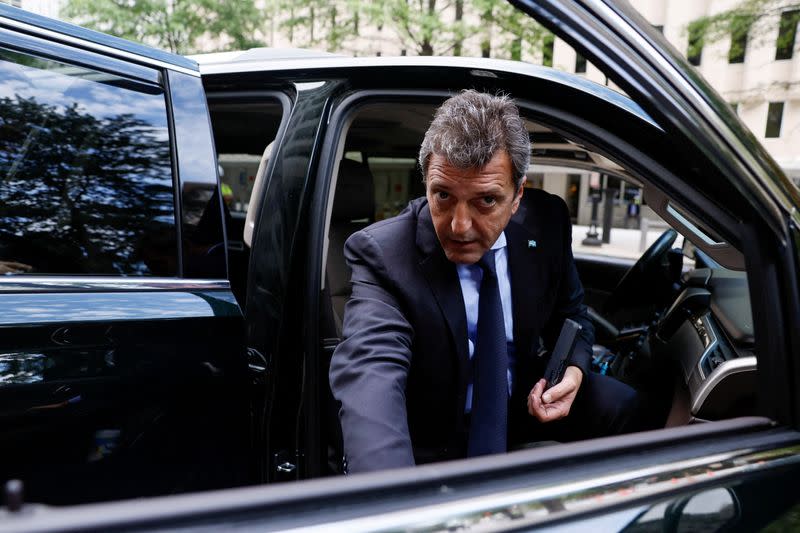 FILE PHOTO: Argentina's Economy Minister Sergio Massa departs IMF headquarters in Washington