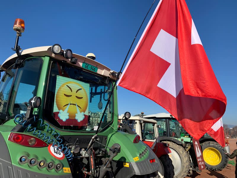 Swiss farmers and their tractors are seen during a protest in Geneva