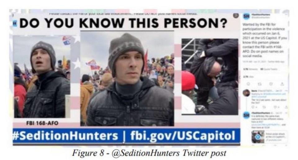 The FBI says that Stephen Chase Randolph, a Harrodsburg resident, is shown in these photos participating in the U.S. Capitol Riot on Jan. 6, 2021.