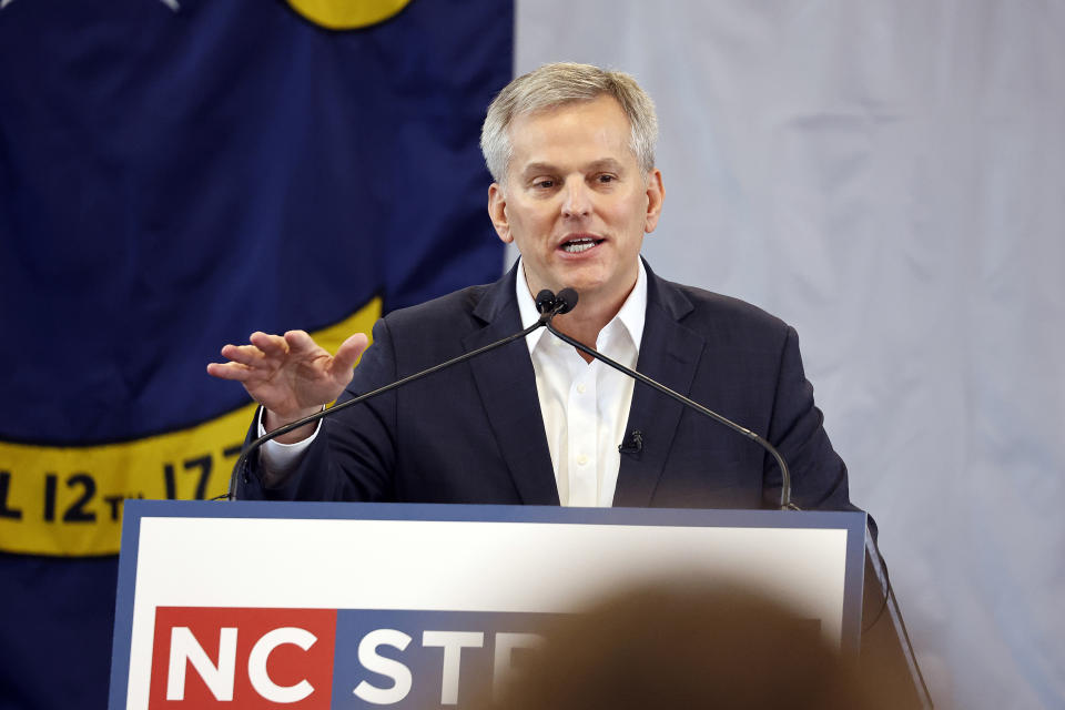 Democratic North Carolina gubernatorial candidate Josh Stein speaks at rally at Shaw University in Raleigh, N.C., Tuesday, Oct. 10, 2023. (AP Photo/Karl B DeBlaker)