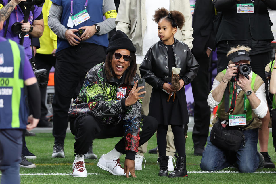 LAS VEGAS, NEVADA - FEBRUARY 11: American Rapper Jay-Z reacts before Super Bowl LVIII between the San Francisco 49ers and Kansas City Chiefs at Allegiant Stadium on February 11, 2024 in Las Vegas, Nevada. (Photo by Steph Chambers/Getty Images)