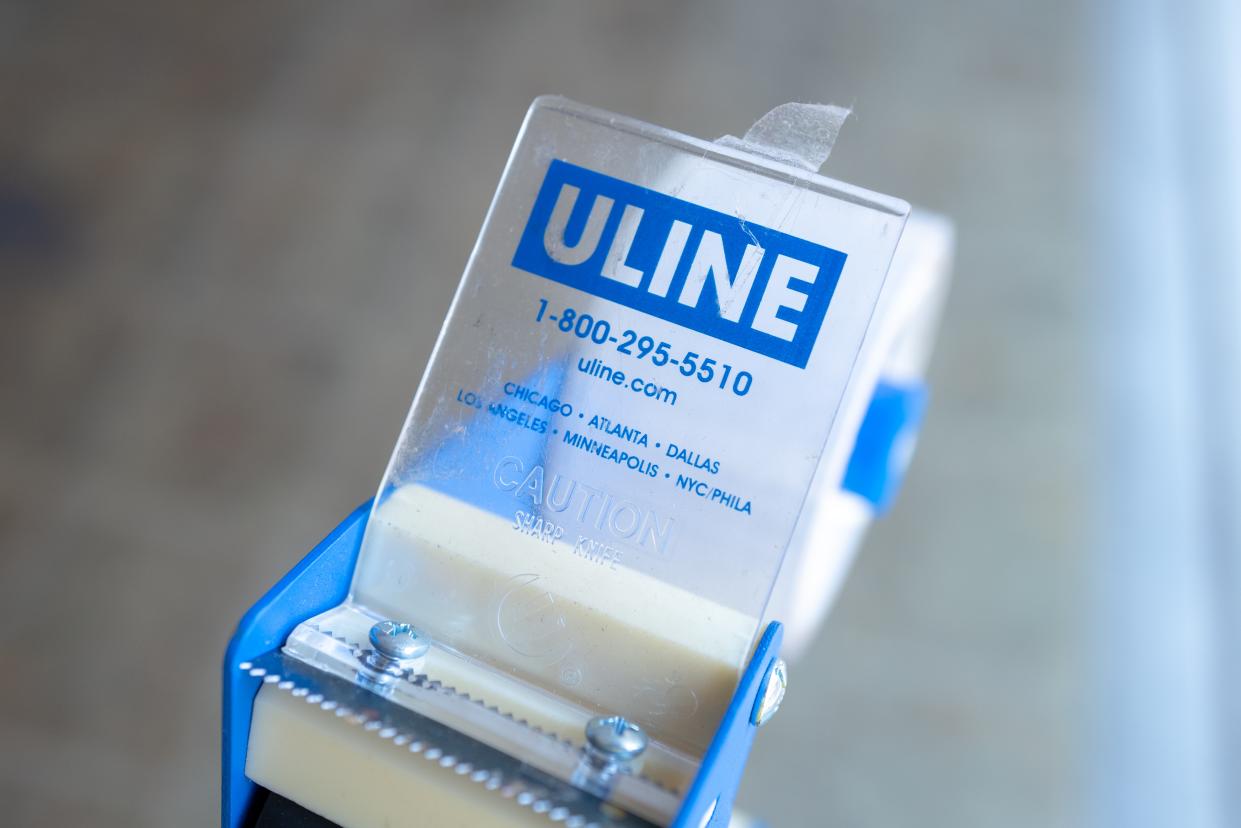 Close-up of logo for shipping and logistics supply company Uline on packing tape dispenser, San Ramon, California, June 18, 2020. (Photo by Smith Collection/Gado/Getty Images)