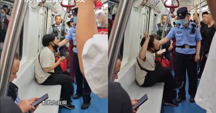 大陸遼寧瀋陽一名男子16日搭乘地鐵時，被一名老人要求讓位，當場情緒崩潰大吼大叫，嚇傻眾人。（圖／Twitter／@whyyoutouzhele）