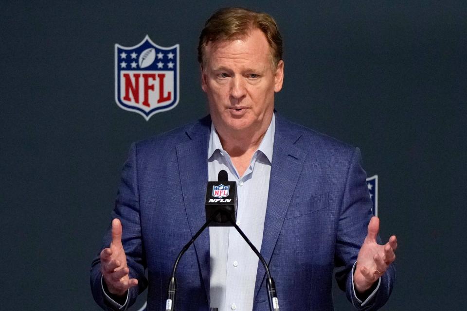 FILE - NFL Commissioner Roger Goodell speaks to the media after the close of the NFL owners' meeting on March 29, 2022, at The Breakers resort in Palm Beach, Fla. A judge on Thursday, Aug. 4, 2022, quickened the time it will take to rule whether Goodell gets to decide the merits of racial discrimination claims made by Black coaches against the league and its teams, saying that it appears an effort to gather more evidence is a try at "an impermissible fishing expedition."
(AP Photo/Rebecca Blackwell, File)