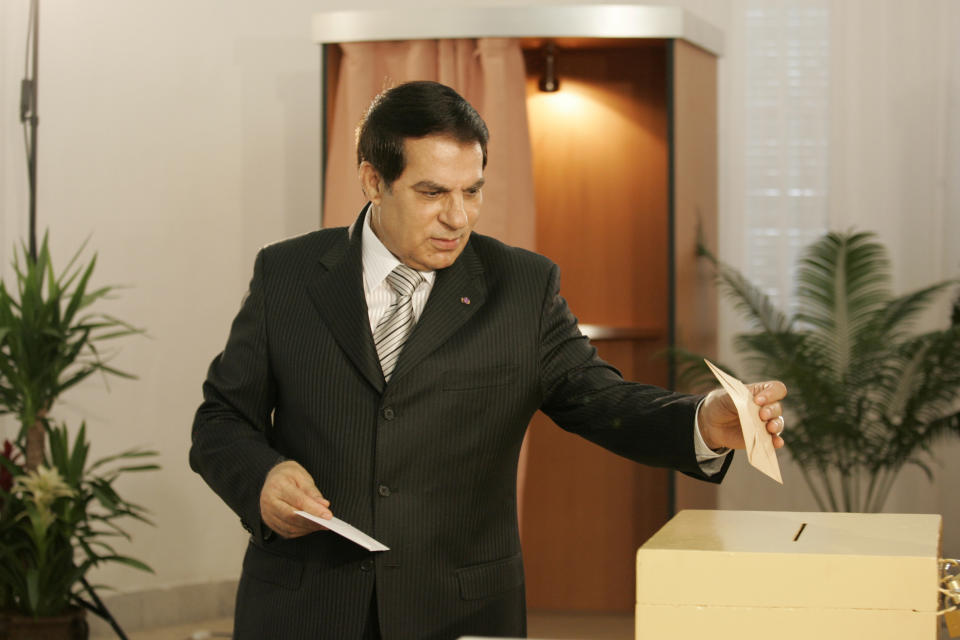 File - In this Oct.25 2009 file photo, Tunisian President Zine El Abidine Ben Ali casts his ballot in Carthage, Tunisia. Tunisia's autocratic ruler Zine El Abidine Ben Ali, toppled in 2011, died in exile in Saudi Arabia. (AP Photo/Alfred de Montesquiou, File)