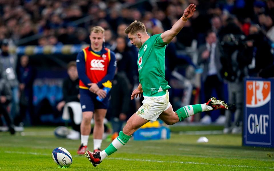 Ireland's Jack Crowley takes a conversion kick during the Guinness Six Nations match at the Orange Velodrome in Marseille, France