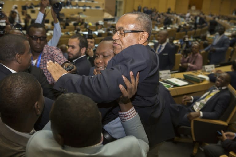 Ahmad Ahmad of Madagascar reacts after being elected the new president of the Confederation of African Football in Addis Ababa on March 16, 2017