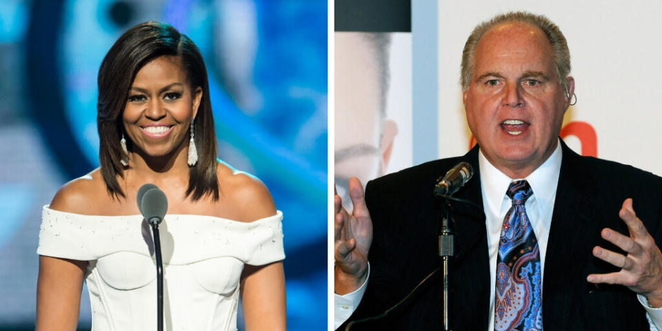 In 2014, conservative radio host Rush Limbaugh said NASCAR fans booed Michelle Obama for her "uppity-ism." (Photo: Left: Gilbert Carrasquillo via Getty Images. Right: Ethan Miller via Getty Images)