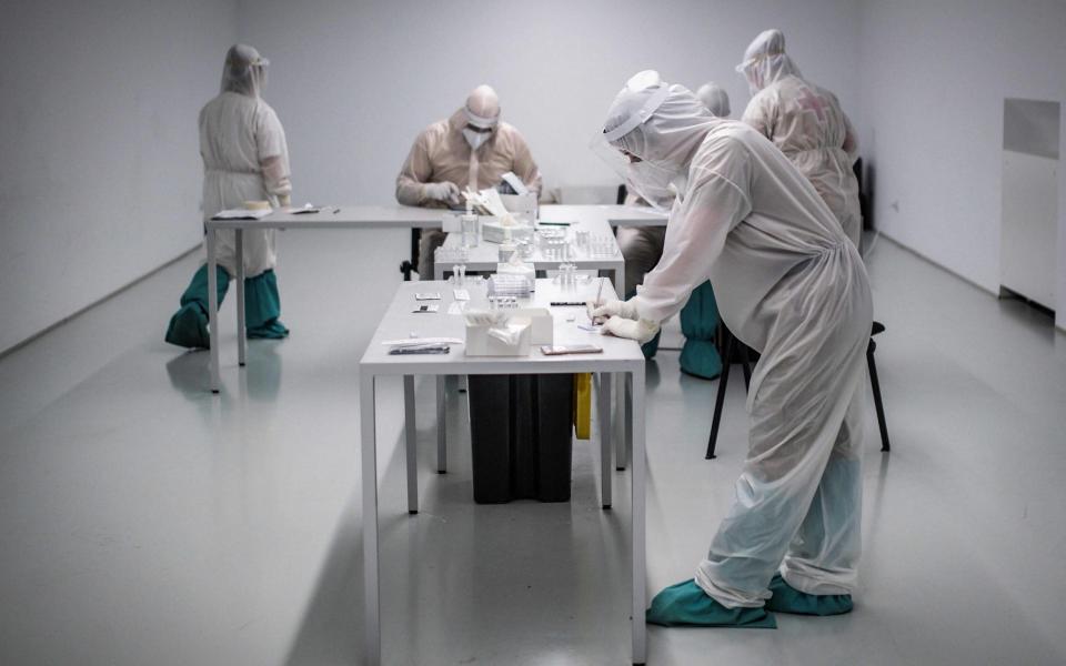 Health workers prepare Rapid Antigen Tests for COVID-19 to be performed on people who will attend a trial music concert in Braga in northern Portugal - CARLOS COSTA/AFP