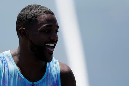 FILE PHOTO - Justin Gatlin of the U.S. celebrates after winning the "Mano a Mano" challenge, a 100-meter race, at the Brazilian Jockey Club in Rio de Janeiro, Brazil October 1, 2017. REUTERS/Bruno Kelly