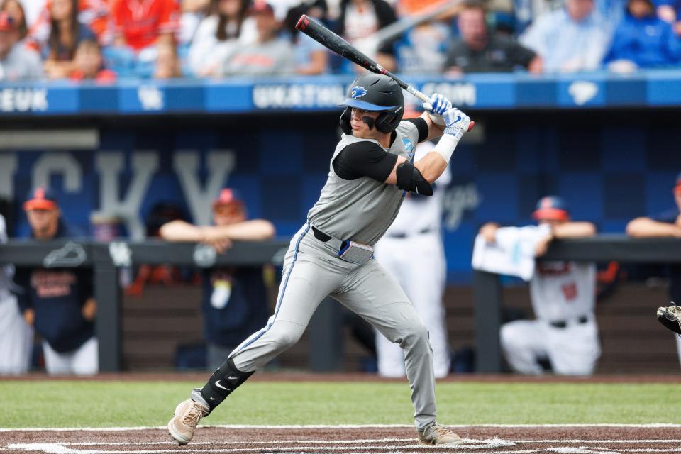 Jun 1, 2024; Lexington, KY, USA; Kentucky Wildcats infielder Emilien Pitre (4) bats against the Illinois Fighting Illini during the first inning at Kentucky Proud Park. Mandatory Credit: Jordan Prather-USA TODAY Sports