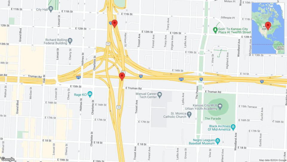 A detailed map that shows the affected road due to 'Warning in Kansas City: Crash reported on northbound US-71' on July 29th at 2:34 p.m.