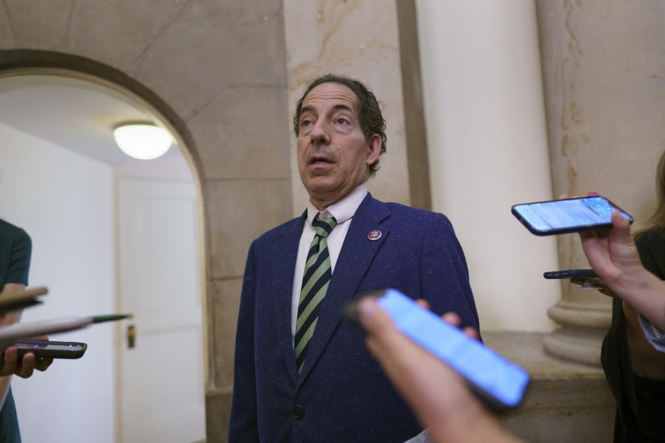 Rep. Jamie Raskin, D-Md., a members of the House select committee on the January 6th attack on the Capitol, speaks with reporters as he leaves the office of House Speaker Nancy Pelosi as they prepare for the start of hearings next week, at the Capitol in Washington, Thursday, July 22, 2021. (AP Photo/J. Scott Applewhite)