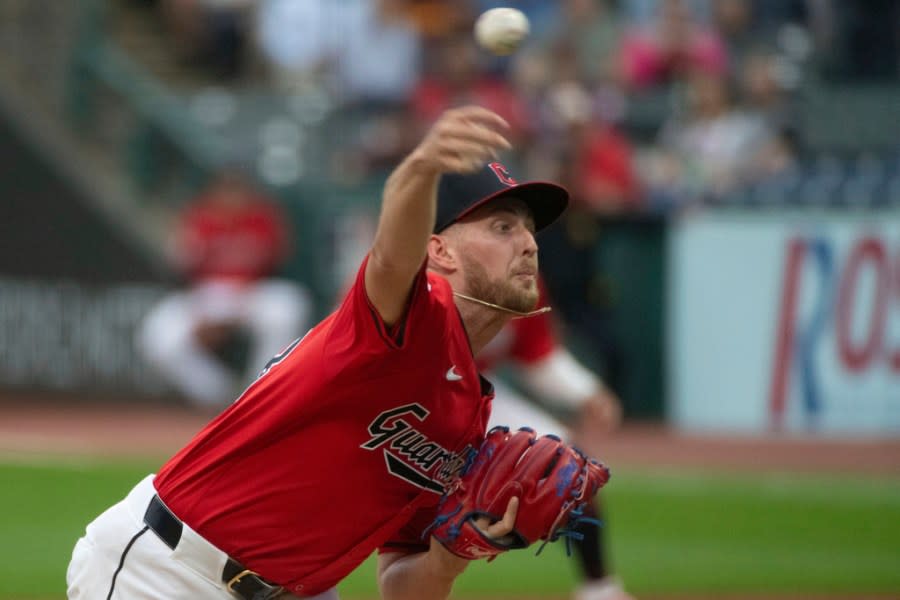 CORRECTS TO LOS ANGELES ANGELS NOT CALIFORNIA ANGELS – Cleveland Guardians starting pitcher Tanner Bibee delivers against the Los Angeles Angels during the first inning of a baseball game in Cleveland, Friday, May 3, 2024. (AP Photo/Phil Long)