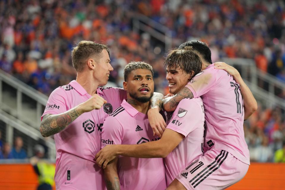 Inter Miami forward Josef Martinez (17) celebrates a goal with teammates against the FC Cincinnati at TQL Stadium. Martinez, a former MLS MVP, has one goal for Montreal  this season.