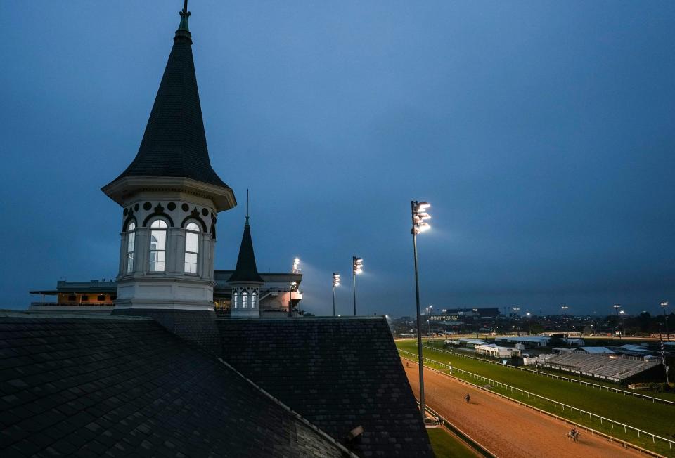 Dawn was overcast and cloudy as horses took to the track for an early workout before the 150th Run For The Roses on Kentucky Derby day Saturday, May 4, 2024 in Louisville, Kentucky.