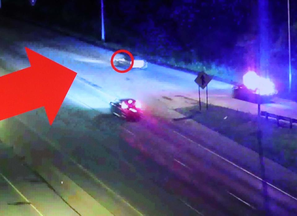 Akron police provided this still image taken from cameras showing a snapshot of the chase that later ended in Jayland Walker's shooting death last summer. Police circled a flash coming from the window of Walker's car, saying it showed Walker firing a gun during a police chase.