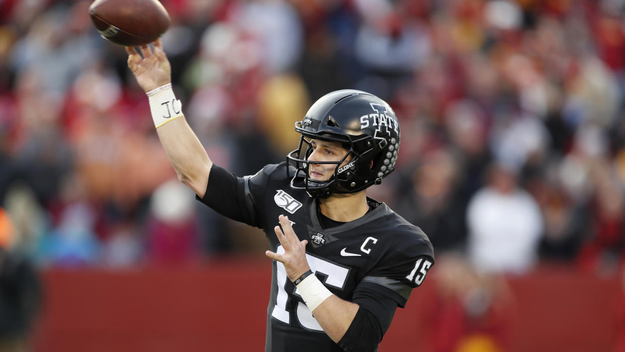 Iowa State quarterback Brock Purdy throws a pass during the first half of an NCAA college football game against Texas, Saturday, Nov. 16, 2019, in Ames, Iowa. (AP Photo/Charlie Neibergall)