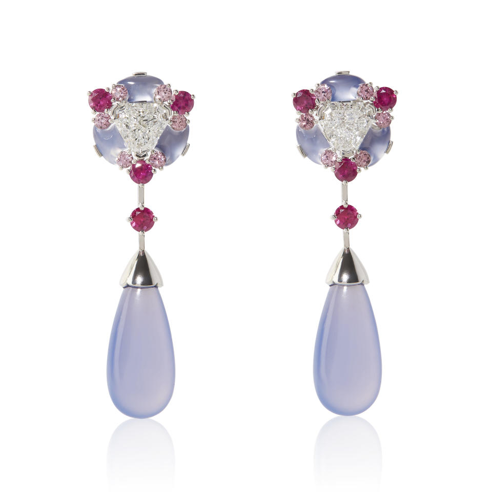 Kia Schwan chalcedony, ruby and garnet earrings. - Credit: Courtesy/Kia Schwan