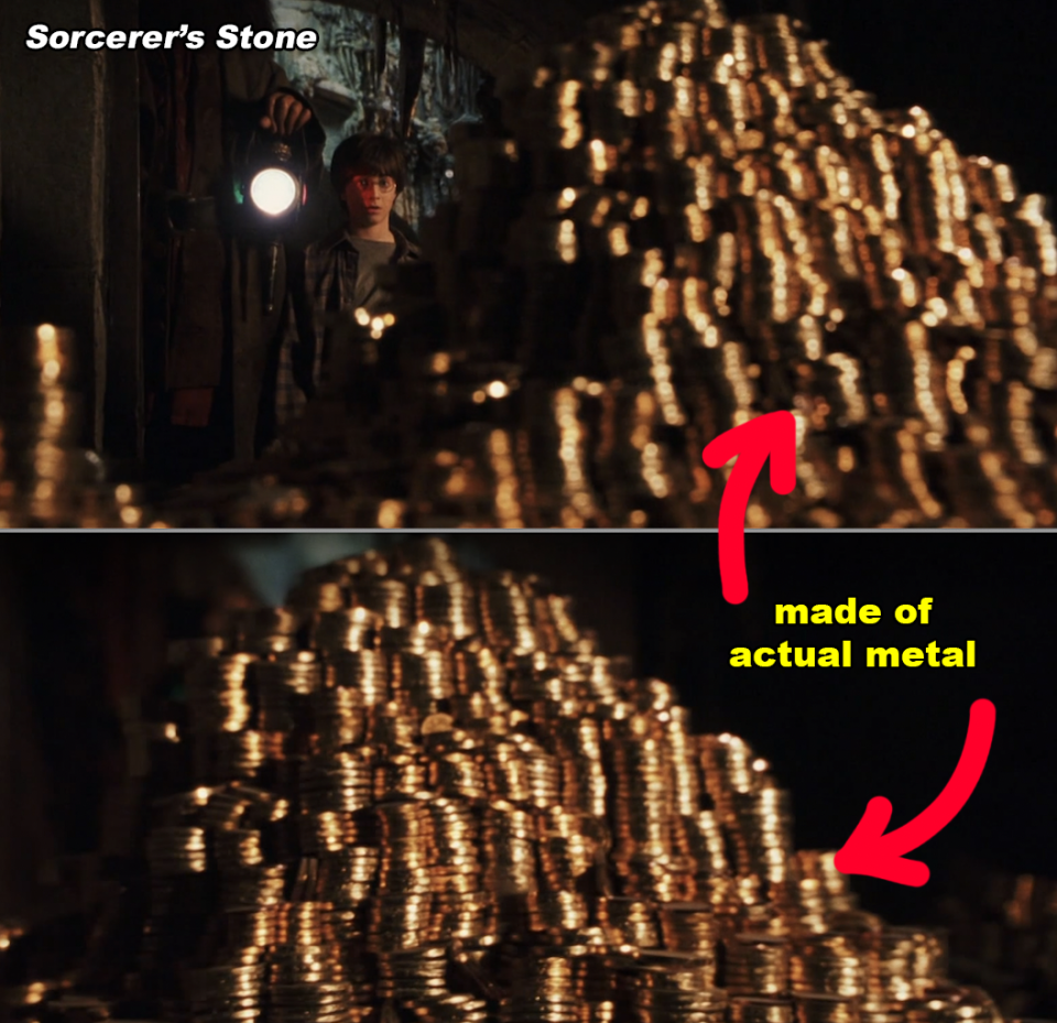 Harry Potter in a vault surrounded by piles of gold coins, illuminated by his lantern. Text indicating "actual metal."