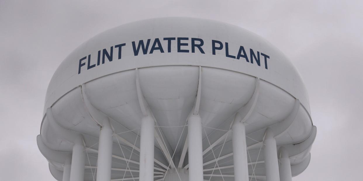 The top of a water tower is seen at the Flint Water Plant in Flint, Michigan