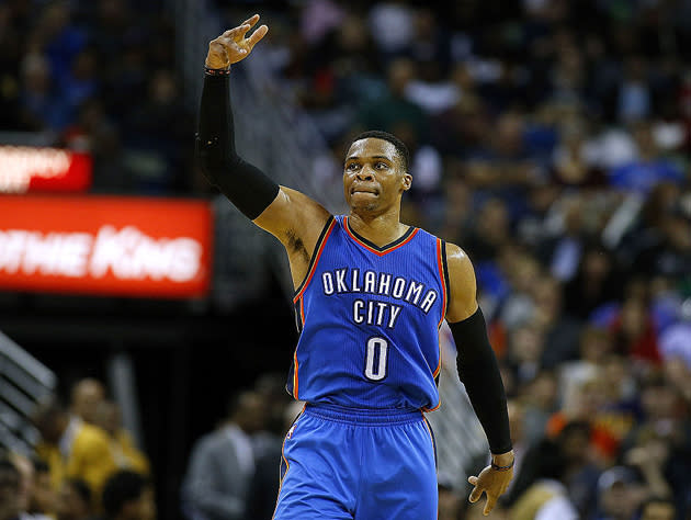 Russell Westbrook, and one of the many shots he's taken in 2016-17. (Getty Images)