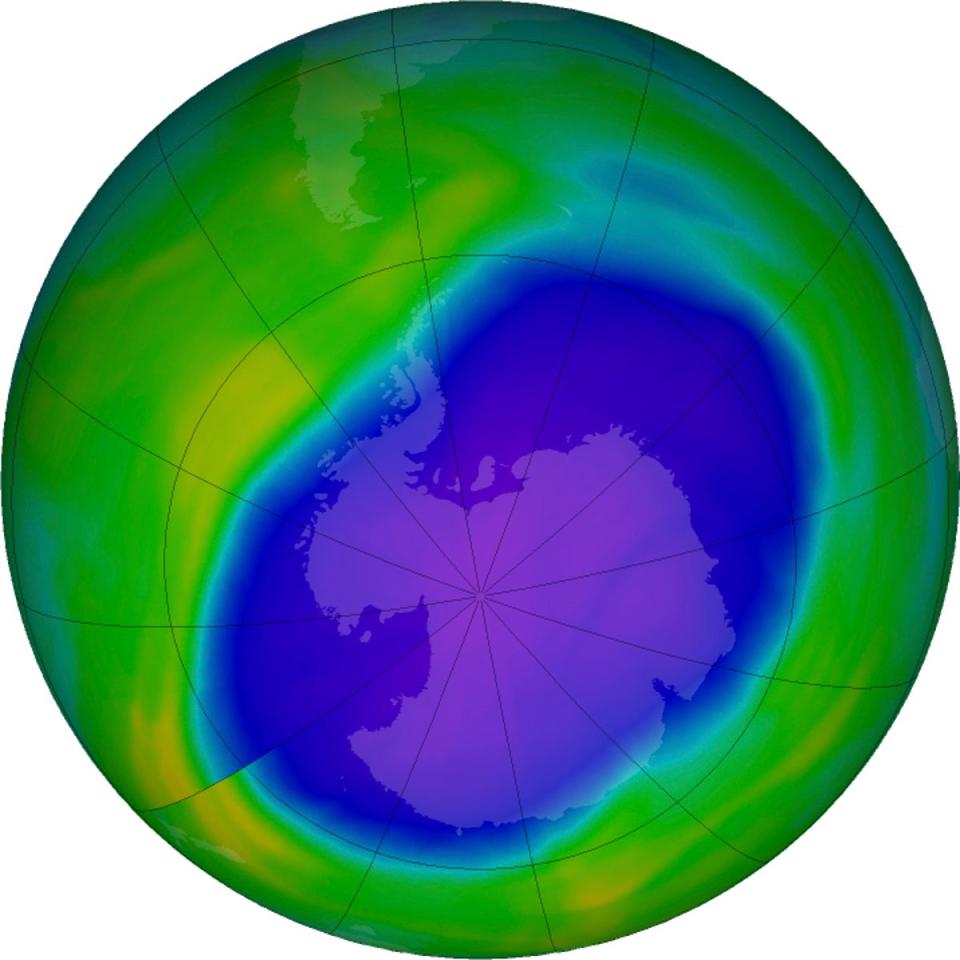 Blue and purple shows the hole in Earth's protective ozone layer over Antarctica (NASA)