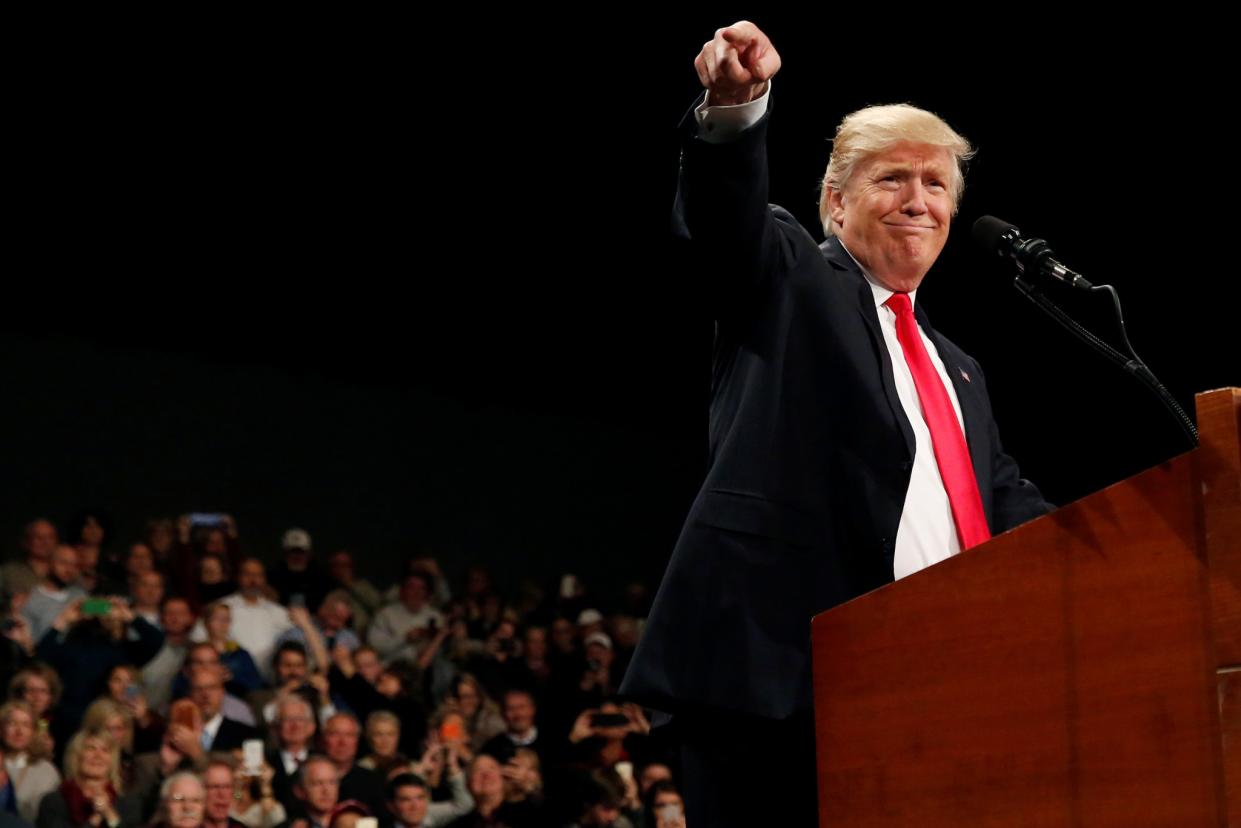 President-elect Donald Trump speaks at the USA Thank You Tour event at the Iowa Events Center in Des Moines, Iowa on December 8, 2016. (Shannon Stapleton/Reuters)