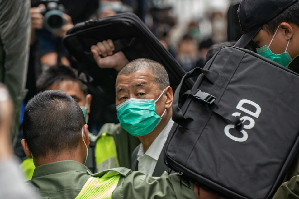 壹傳媒創辦人黎智英被控串謀勾結外國勢力，他已被還押超過 1000 日。圖為 2021 年 2 月 9 日情況。(Photo by Anthony Kwan/Getty Images)