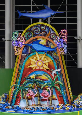 <p>Rob Foldy/Getty</p> A general view of the sculpture in center field at Marlins Park