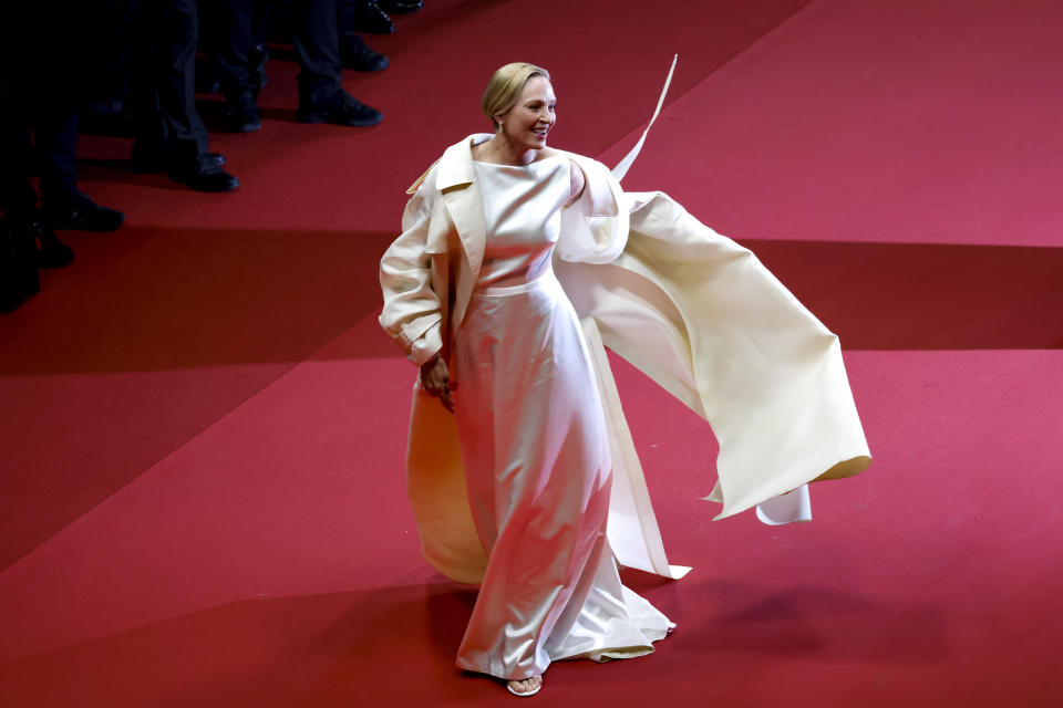 Uma Thurman poses for photographers upon arrival at the premiere of the film 'Oh, Canada' at the 77th international film festival, Cannes, southern France, Friday, May 17, 2024. (Photo by Millie Turner/Invision/AP)