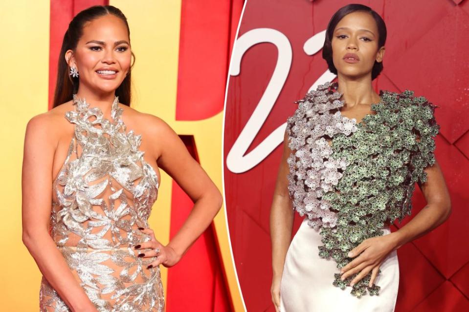 From left: Chrissy Teigen wears opulent Oscar de la Renta and Canadian actress Taylor Russell unfurls leaf-adorned Loewe. Images: Getty