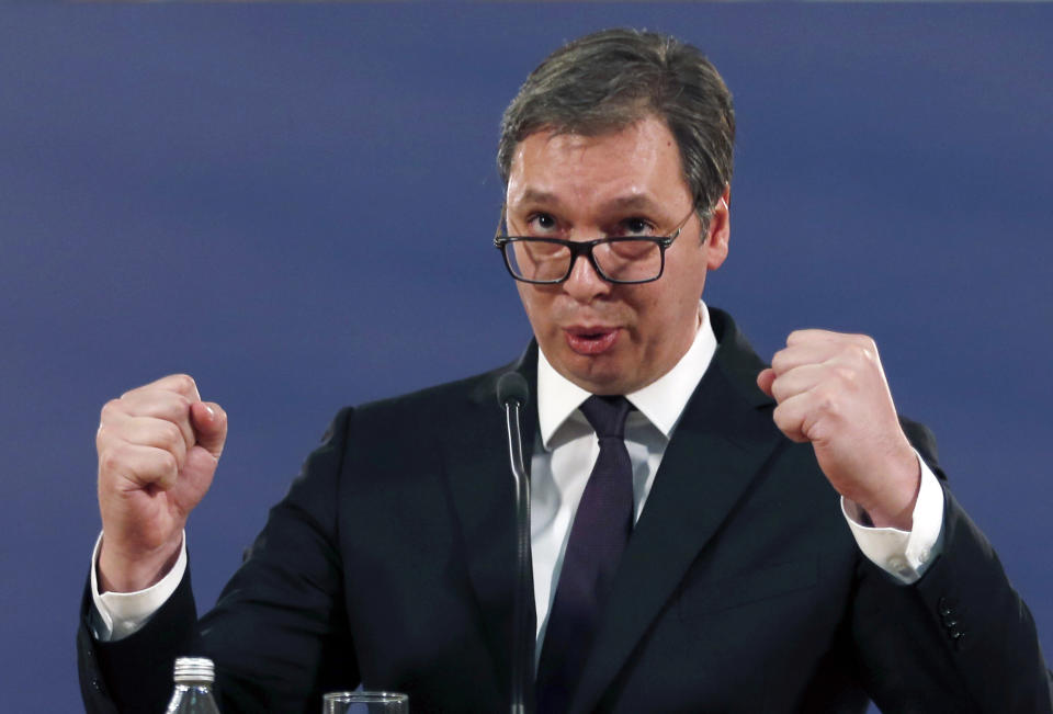 Serbia's President Aleksandar Vucic speaks during a press conference in Belgrade, Serbia, Sunday, March 17, 2019. Vucic has pledged to defend the country's law and order a day after opposition supporters stormed the national TV station protesting what they say is his autocratic rule. (AP Photo/Darko Vojinovic)