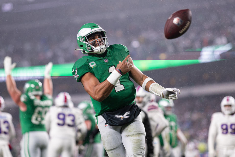 Eagles quarterback Jalen Hurts scored the game-winning touchdown in an overtime victory over the Bills. (Bill Streicher-USA TODAY Sports)