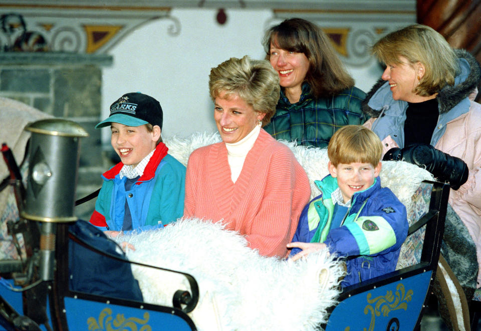 Diana, The Princess Of Wales, Prince William And Prince Harry, Ride In A Horse Drawn Sleigh, In Lech Austria, During Their Annual Ski Holiday, Accompanied By The Princess'S Friends Catherine Soames, And Kate Menzies. (Photo by Julian Parker/UK Press via Getty Images)