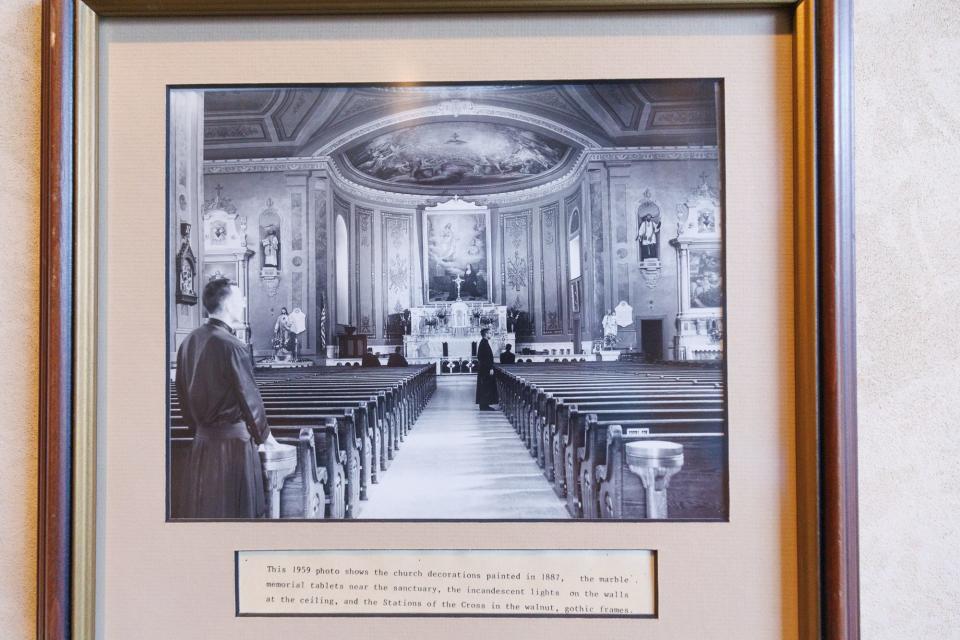 A photograph of the interior of Conewago Chapel from 1959 is seen, Thursday, Jan. 4, 2024, in Conewago Township. The photograph shows the state that the church has recently been restored to.
